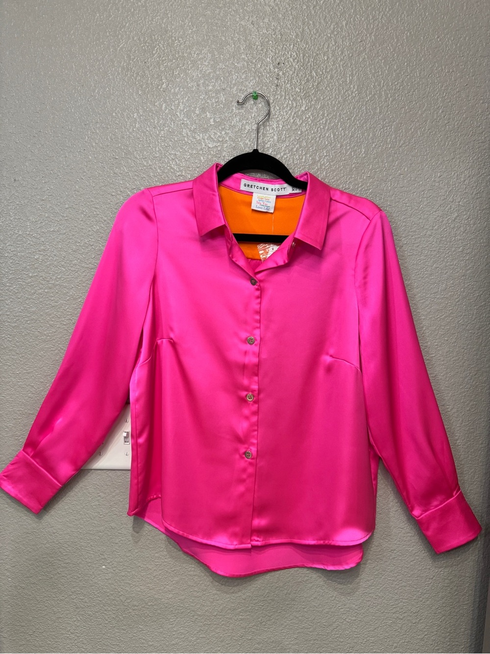 Gretchen Scott NWT Hot Pink Satin Button Front Blouse XS Collared Barbiecore Top
